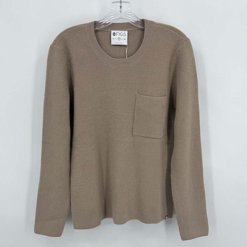 Figs NWT Scrubs Loungewear Ribbed Knit Pocket Sweater Latte Tan Size M